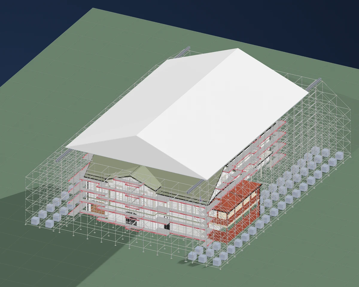 Scaffcalc 3D canvas showing scaffold with TRS system
