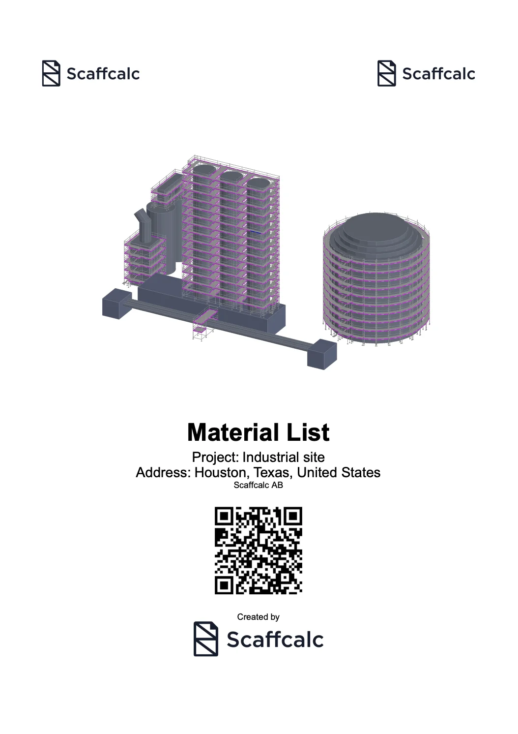 Scaffcalc material list page 1: project overview and summary