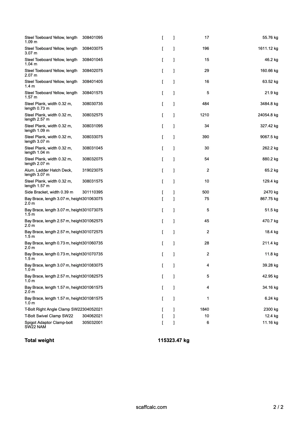Scaffcalc material list page 3: itemized scaffold components